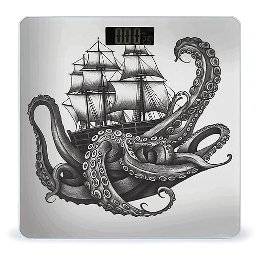 Black and White Octopus and Ship Bathroom Scale Weight Scale for Body WeightHighly Accurate Digital Weighing Machine Clear LED Display Digital Bathroom Body Scale 400lb/182kg