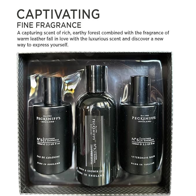 Pecksniff's Fragrance Gift Sets Luxurious Handcrafted in England (Men's Leather &amp Oakmoss: Eau de Cologne 3-in-1 Bath &amp Shower Gel After Shave Balm)