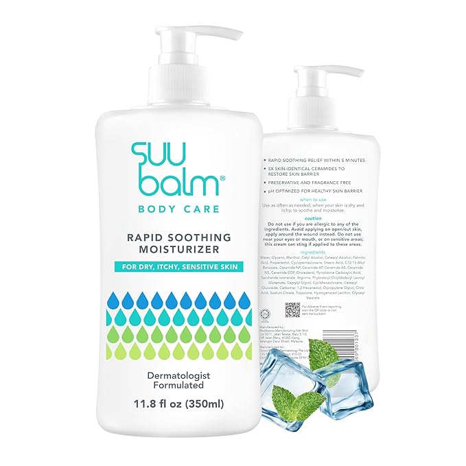 Suu Balm Body Wash (28.4 fl oz) and Anti Itch Relief Cream (11.83 fl oz) bundle Psoriasis Body Wash Moisturising Cleanser for Dry Itchy Skin Relief Derm-Formulated with Menthol &amp Shea Butter