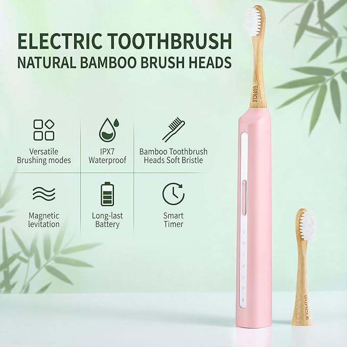 Bamboo Electric Toothbrush丨Rechargeable Electric Toothbrush with 4 Bamboo Heads Soft Castor Oil Bristles5 Moedes&amp3 Intensities 45 Days Battery Life IPX7 Waterproof-Pink