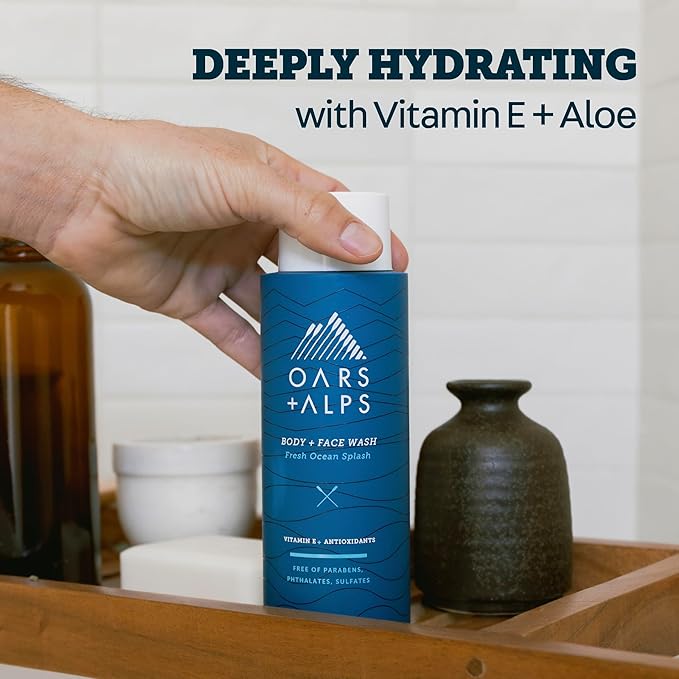 Oars + Alps Men's Moisturizing Face &amp Body Wash Body Wash with Vitamin E and Antioxidants Sulfate Free Fresh Ocean Splash 3pk