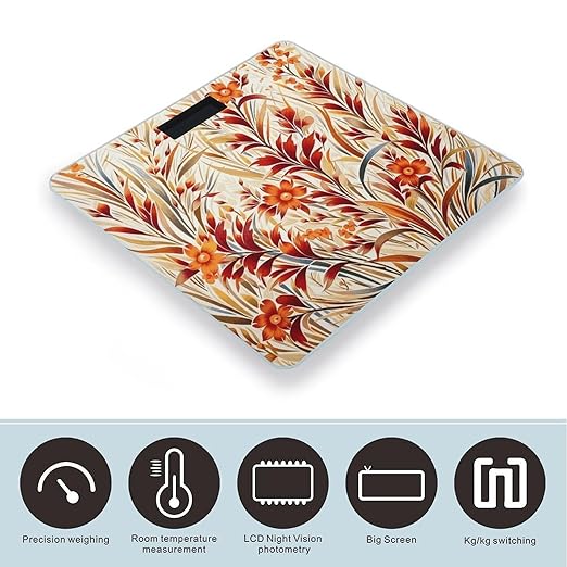Painted with Flowers and Grass Scale for Body Weight Anti-Slip Tempered Glass Digital Bathroom Scales Clear LCD Display Weighing Scale Safe Rounded Corners Smart Scales