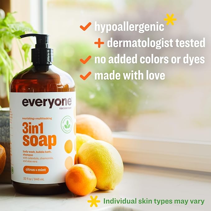 Everyone 3-in-1 Soap Body Wash Bubble Bath Shampoo 32 Ounce (Pack of 2) Citrus and Mint made with Essential Oils for Men and Women