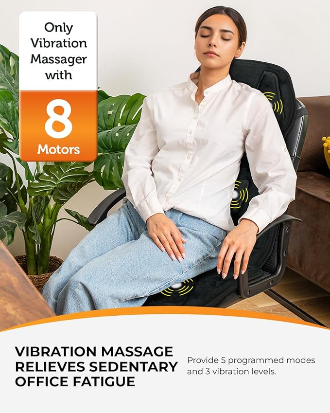 CooCoCo Vibration Back Massager with Heat Gifts for Him Dad Husband Men Massage Chair Pad with 8 Vibrating Motors &amp 2 Levels Heat Massage Seat Cushion for Home Office Seat Use