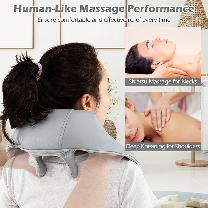 COSTWAY Neck Shoulder Massager with Heat 4D Deep Tissue Kneading Shiatsu Machine for Pain Relief Portable Cordless Neck Back Leg Massager Pillow Gift for Mom Dad Family Women Men (Grey)