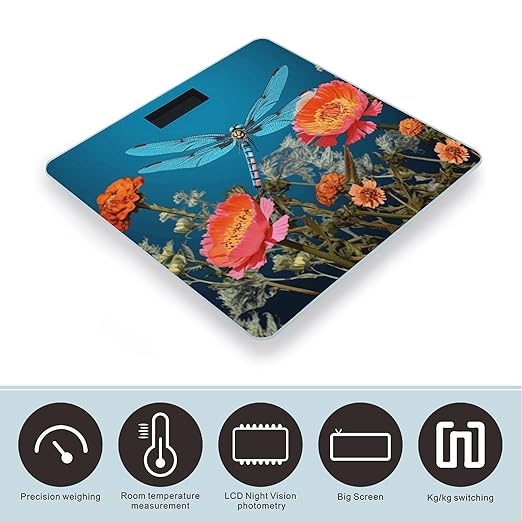 Dragonfly and Flower Bathroom Scale for Body Weight Bathroom Weighing Scale with Backlit LCD Display Highly Accurate Measures Weight Up to 180kg