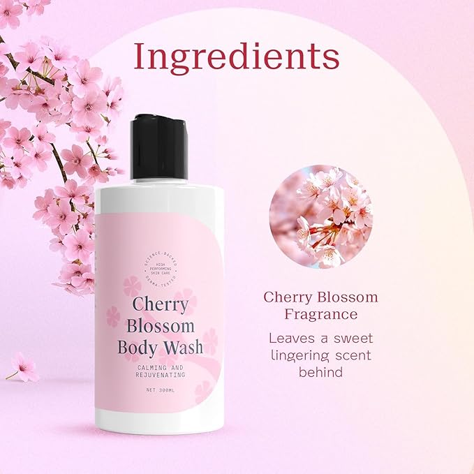 MZ nourishing Body Wash with Cherry Blossom Fragrance - Daily Calming Body Wash for Men &amp Women - Gently Cleanses - Natural Vegan &amp Cruelty-Fre - (300ml)