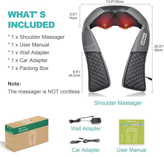 Medcursor Neck Massager - Portable Electric Shiatsu Back Massage Device with Heat Deep Tissue 3D Kneading Pillow for Muscle Pain Relief Valentines Day Gifts - Includes Carry Bag (No Battery)
