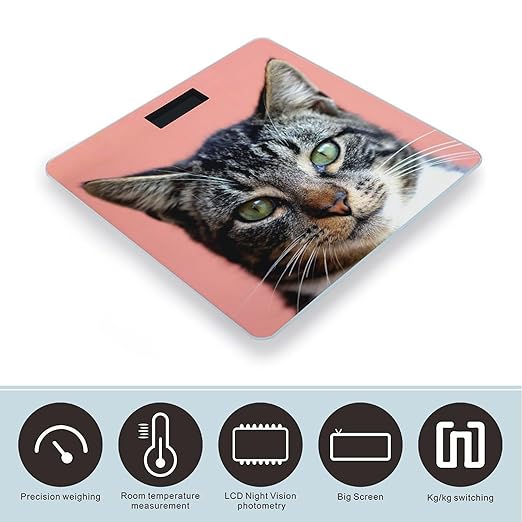 Cute Cat with Green Eyes Digital Bathroom Scale for Body Weight Lighted LCD Display Round Corner