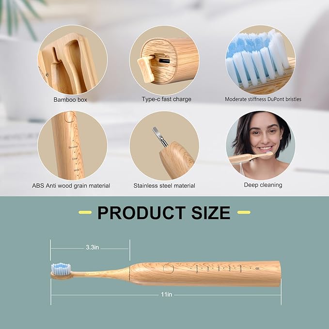 Sonic Electric Bamboo Toothbrush for Adults -5 Adjustable Cleaning Modes -Includes 2 Bamboo Heads with Castor Oil Bristles - Upgraded IPX7 Waterprood -Convenient Charging &amp Travel Case