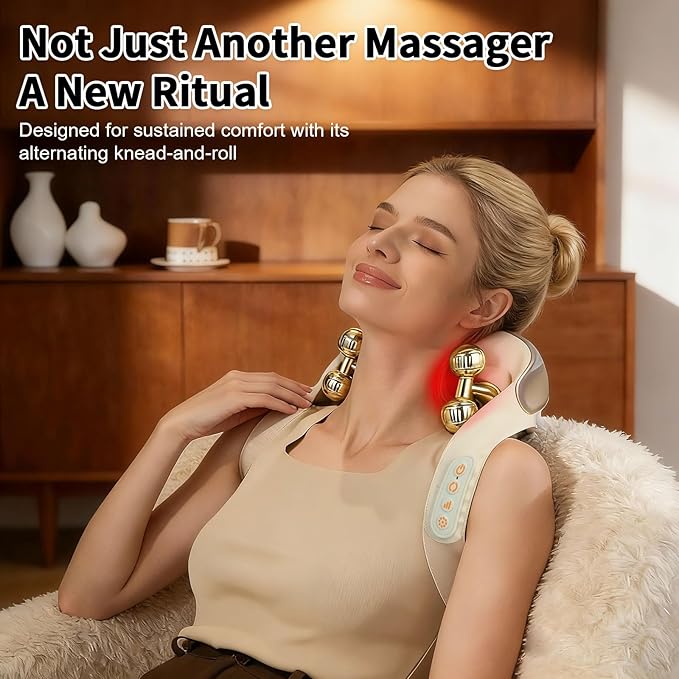 Neck and Shoulder Massager with Heat - Elegant Champagne Gold Massager with 4D Human-Like Shiatsu Grasping Hands-Free Design Soothing Warm Heat Cordless Relaxation Gift for Women &amp Men