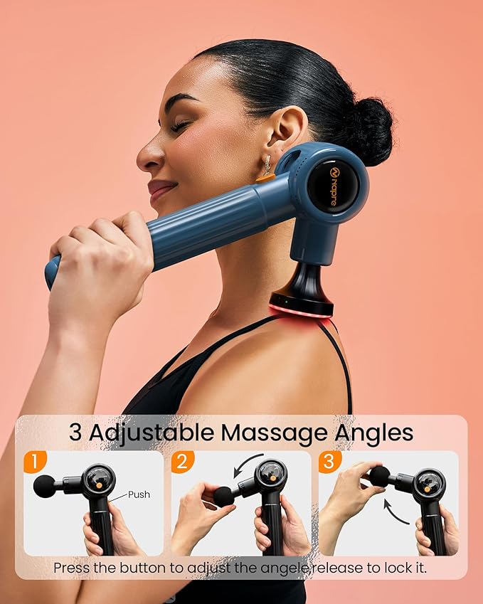 NAPRE Massage Gun with HeatMassage Gun Deep Tissue with Extension Handle &amp 3 Adjustable AnglesHandheld Percussion Back Massager for Muscle/Neck/Body Pain Relief6 Heads &amp Silentwith CaseBl