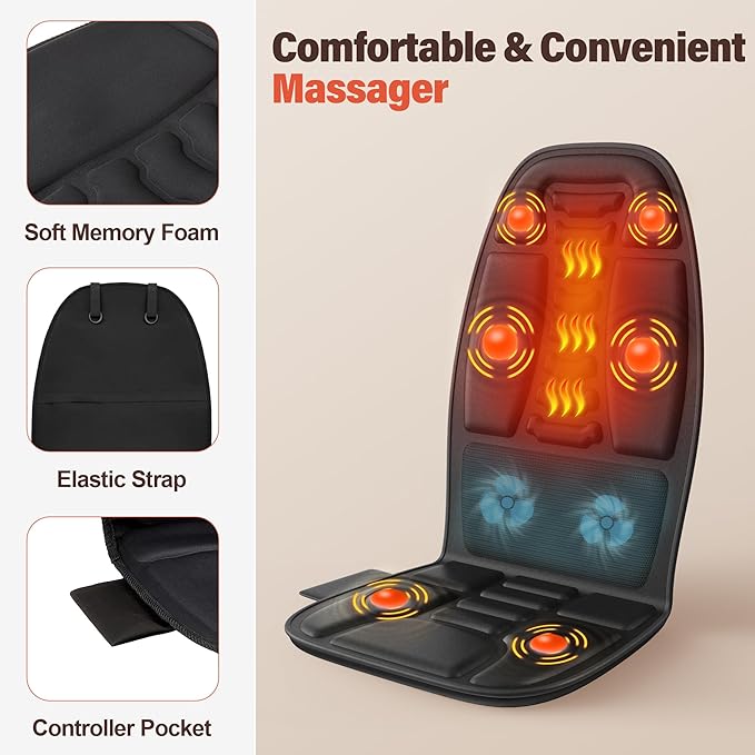 Back Massager with Heat Cooling Back Massager for Chair Chair Massager for Full Body Massage Deep Tissue Vibration Pad with 6 Vibration Nodes Jet-Black