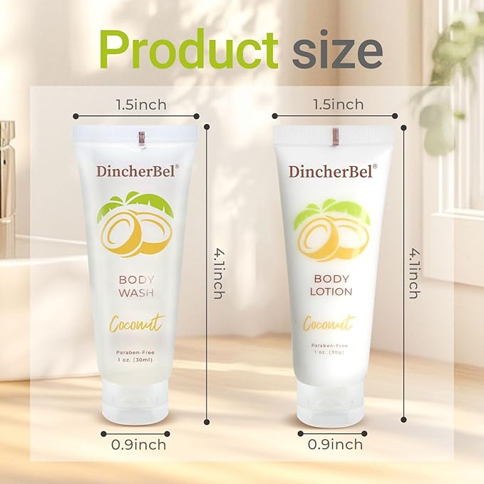 DincherBel Travel Size Body Wash and Body Lotion - Bulk Hotel Toiletries Supplies for Guests - Refreshing Tropical Coconut Scent Shower Gel and Body Cream for Men &amp Women (1 Fl Oz 100 Pack)