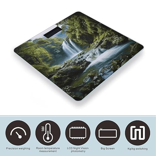 Waterfall Landscape Painting Scale with LCD Easy-to-Read Anti-Slip Weight Digital Bathroom Scale Precision Weighing Scales Sturdy Tempered Glass Body Weight Scales for Daily Use