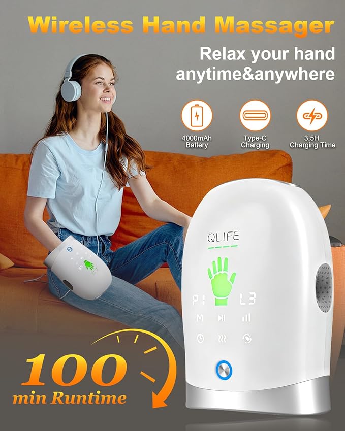 QLIFE Hand Massager with Heat and Compression Hand Massager for Arthritis and Carpal Tunnel Hand Massage with Kneading and Finger Stretching 6 Modes &amp 6 Intensity Levels for Women Men (White)