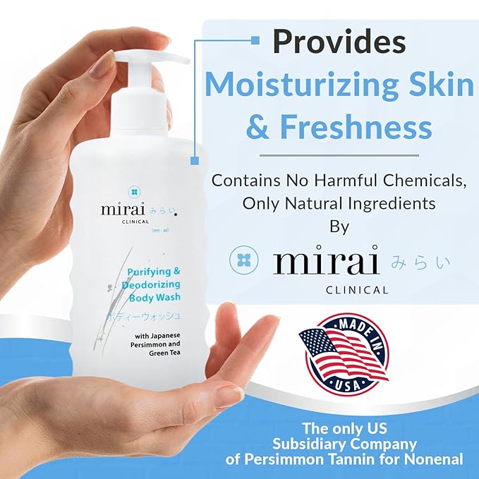 Mirai Clinical Body Wash for Strong Body Odor - Renewing Body Purifying &amp Deodorizing with Natural Persimmon &amp Green Tea Extracts - Nonenal® Eliminator for Women &amp Men - 9.29 Fl oz