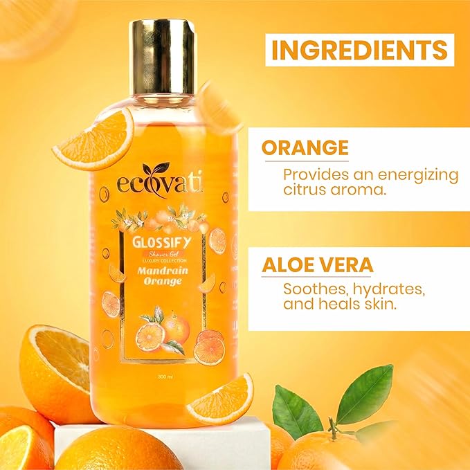 Glossify Mandarin Orange Luxury Shower Gel Deep Cleansing Formula with Aloe Vera and Vitamin E 300ml