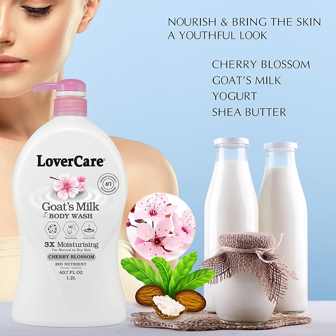Combo Goat Milk Moisturizing Body Wash Shower Cream Cherry Blossom 40.7 fl oz Goat Milk Cherry Blossom Body Lotion 27 fl oz