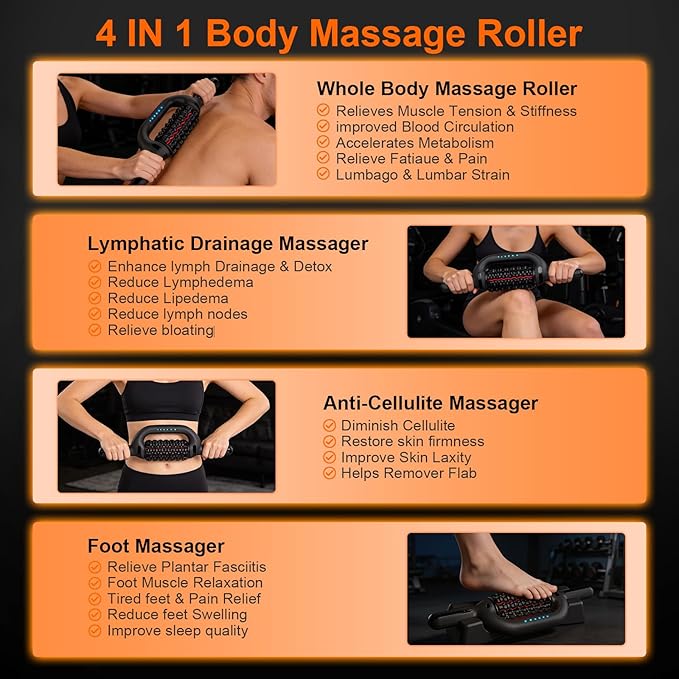 Electric Rolling Massager with Redlight Lymphatic Drainage Massager for lymphedema &amp lipedema Muscle recovery Stick and Back Massage Roller 6-Speed Massage Roller Tool for Arm Legs Calf Foot