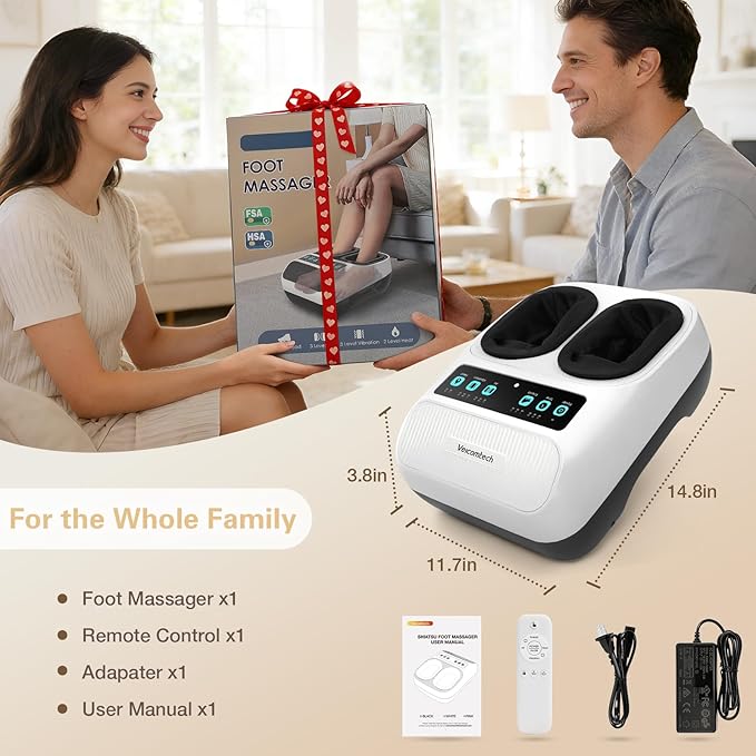 Foot Massager with Heat Electric Foot Massager Machine for Plantar Fasciitis Neuropathy with Remote Control Adjustable Vibration and Compression (White)