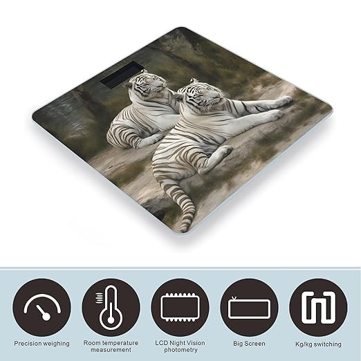 White Tigers Bathroom Scale for Body Weight LCD Display Digital Bathroom Scale Tempered Glass Bathroom Weight Scales Fashion Smart Scales for Home Bedroom 400 Lb