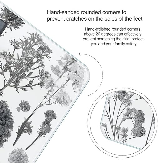 Flowering Herbs and Herbaceous Plants Scale for Body Weight Anti-Slip Tempered Glass Digital Bathroom Scales Clear LCD Display Weighing Scale Safe Rounded Corners Smart Scales