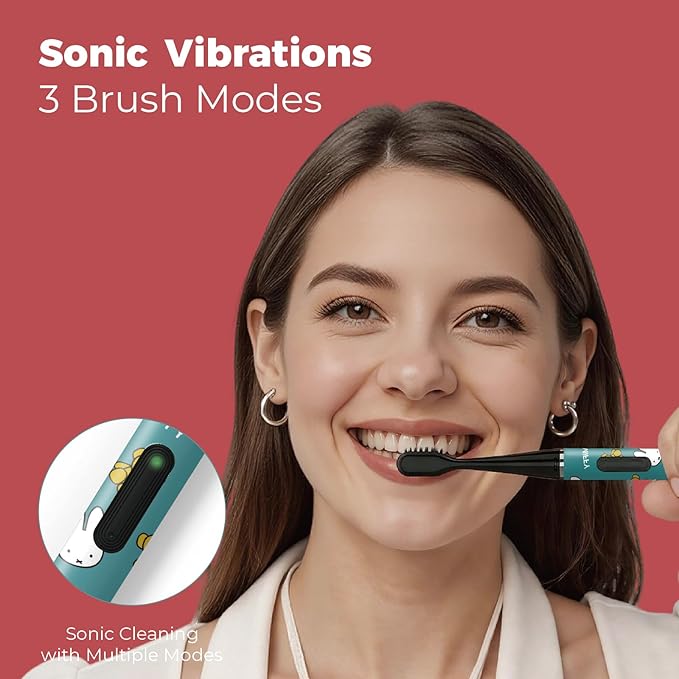 MIPOW Miffy BrushGo i4 Slim Electric Toothbrush Sonic Vibration Rechargeable Magnetic Travel Case &amp Ceramic Holder Dock 60Day Long Battery Soft Bristles 2Heads IPX7 Waterproof (Blue)