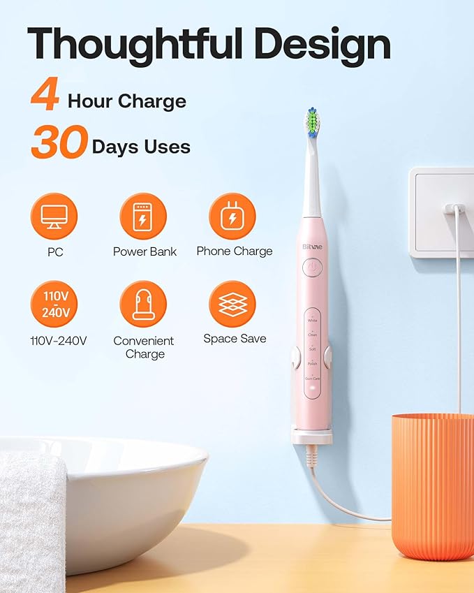 Bitvae Ultrasonic Electric Toothbrush - Rechargeable Sonic Electric Toothbrush for Adults and Kids Power Toothbrush with Holder 8 Brush Heads Smart Timer Fast Charge Pink D2