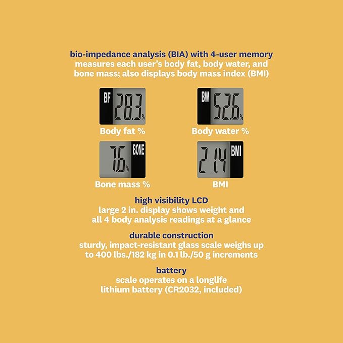 Weight Watchers Scales by Conair BathroomScale for Body WeightGlass Digital Scale with Body Analysis Measures Body Fat Body WaterBMI &amp Bone Mass for 4 Users Measures Weight up to 400 Lbs.in B