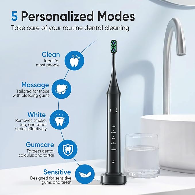 bluelk Electric Toothbrush for Adults and Kids- Sonic Toothbrush with 6 Brush Heads in 3 Types Rechargeable with 5 Modes and Built-in Smart Timer Hsa Store Eligible Items