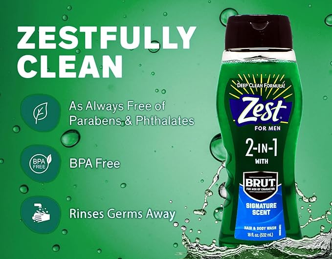 Zest 2-in-1 Hair &amp Body Wash for Men with BRUT Signature Scent Deep Clean Formula 18 fl oz (Pack of 6)
