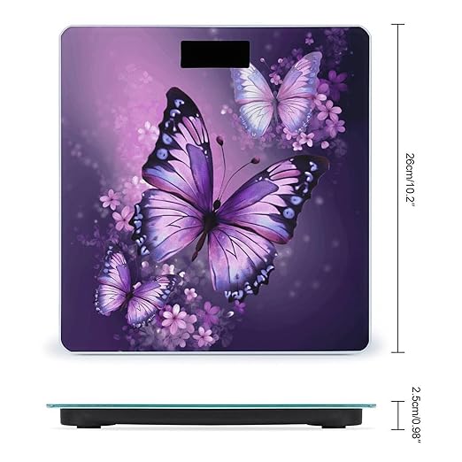 Beautiful Purple Butterfly Art Scale for Body Weight Safe Rounded Corners Tempered Glass Digital Bathroom Scale LED Display 400lb Capacity Weight Scales with High Precision Sensors