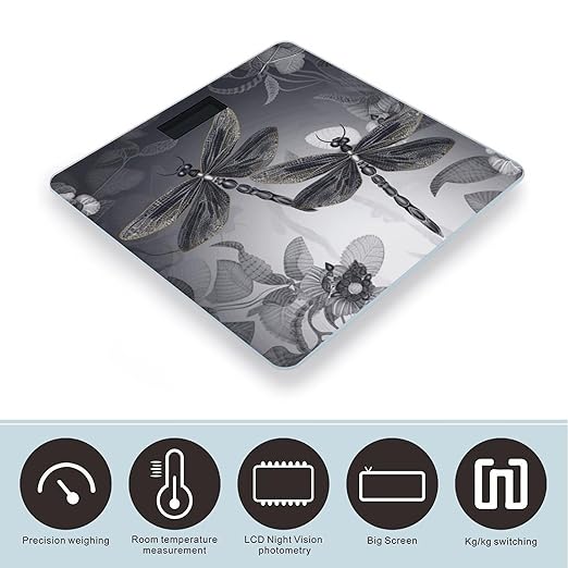Dragonflies Grey Scale for Body Weight High Precision Digital Weight Scales with LCD Display Anti-Slip Sturdy Slim Tempered Glass Bathroom Scale for Home Use