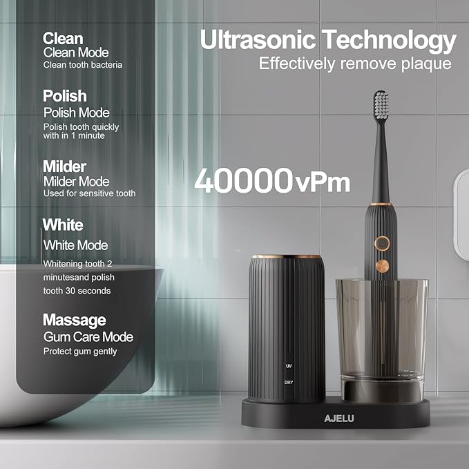 Sonic Electric Toothbrush for Adults with Drying Storage Holder 8 Brush Heads Smart Timer USB Rechargeable Deep Clean Power – Classic Black Edition