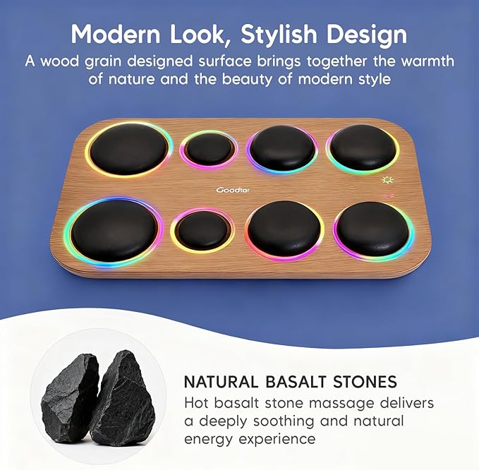 8PCS Hot Stone Massage Set with Warmer –Basalt Stones Massager for Deep Tissue Pain Relief &amp Muscle Relaxation Home Spa Kit with Soothing Ambient Light – Valentine's Day &amp Birthday Gift