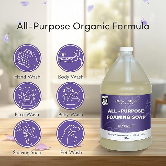 SoCal Suds &amp Company 128oz Certified Organic Foaming Hand &amp Body Wash - Gentle Natural BodyBaby &amp Face Wash for Sensitive Skin Moisturizing Soap Hand Soap and More - Lavender