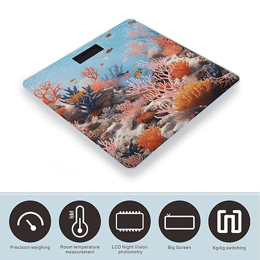 Coral Reef Scale for Body Weight Anti-Slip Tempered Glass Digital Bathroom Scales Clear LCD Display Weighing Scale Safe Rounded Corners Smart Scales