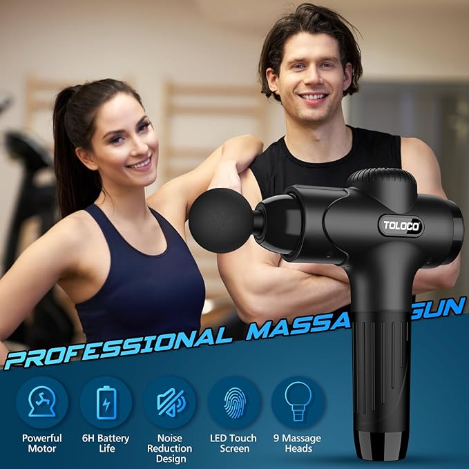 TOLOCO Massage Gun Deep Tissue Percussion Massage Gun with 10 Replacement Heads Super Quiet Portable Electric Massager for Athletes Relax Black