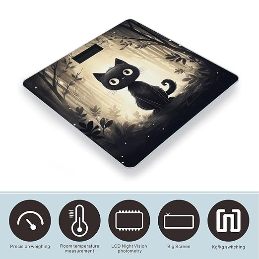 Hand Drawn Black Cat Scale for Body Weight Accurate Digital Bathroom Scale Toughened Glass High Precision Scales Smart Weight Scales with Large LCD Backlight Display Weighing Machine