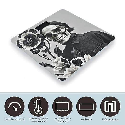 Black and White Flowers and Skull Bathroom Scale for Body Weight Bathroom Weighing Scales with Back Lit LED Display Sturdy Tempered Glass Body Weight Bathroom Scale 400lb Weighing