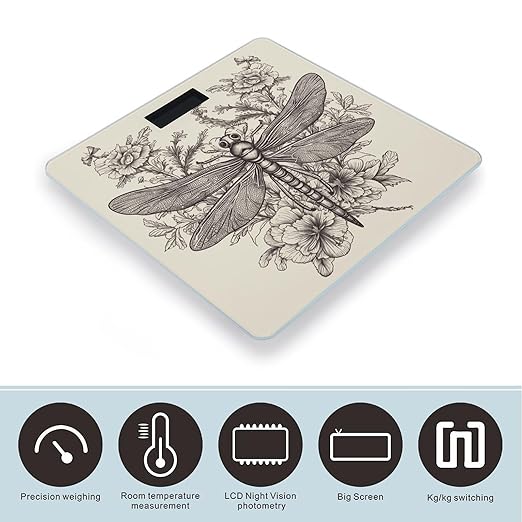 Hand Drawn Floral Dragonfly Smart Scale for Body Weight Accurate Bathroom Scale with LED Display Digital Weight Scales Weighing Machine High Precision Scales for Bath Home