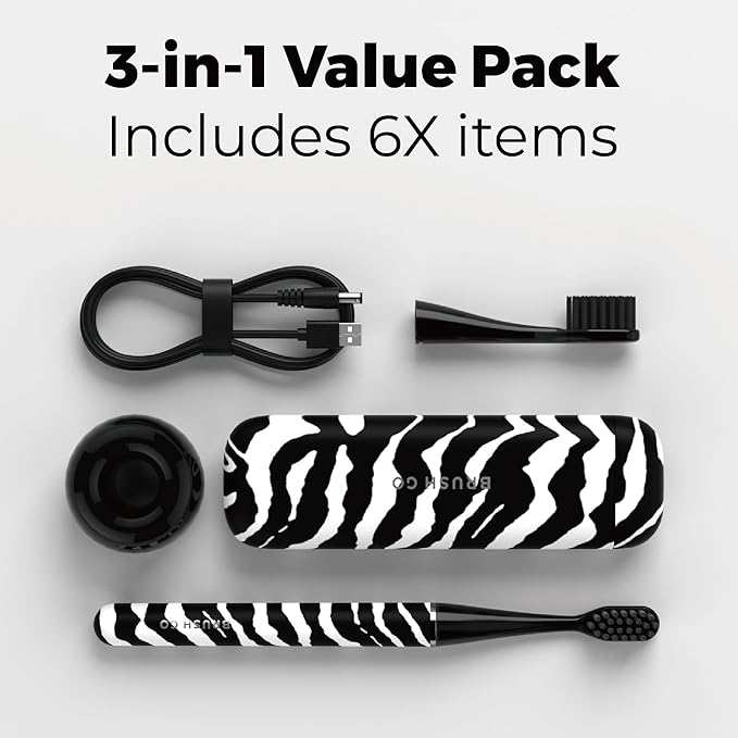 MIPOW Brush GO SlimPro i4 Electric Toothbrush Rechargeable Smart Ultra Sonic 3 Modes Travel Case &amp Ceramic Dock 60Day Battery Soft Bristles 2 Heads IPX7 Waterproof Color-ZebraBold Edition