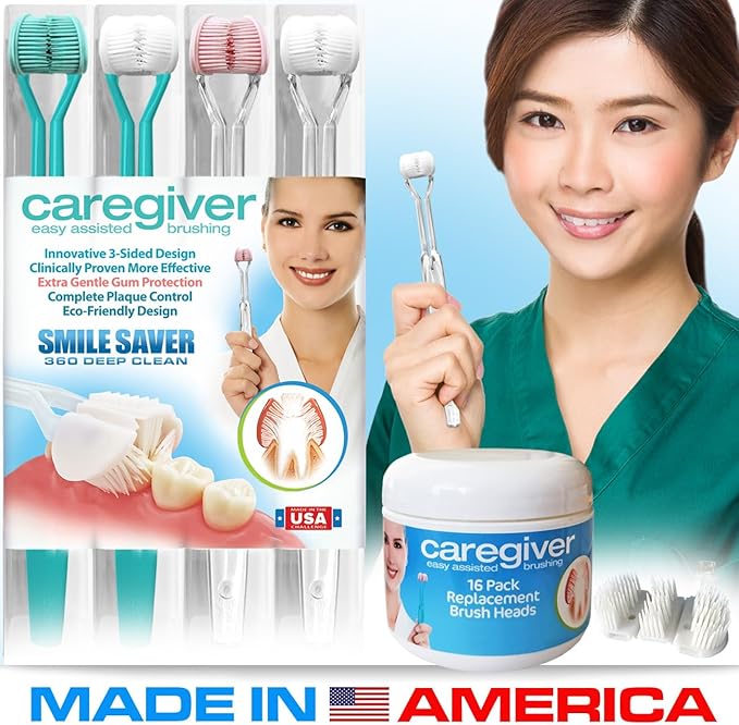 Caregiver 3-Sided Toothbrush | 4-Pack + 16 Replacement Heads | Easy Assisted Brushing for Autism Special Needs Disabilities Seniors &amp Dexterity | Gentle U-Shaped Triple Clean Soft | Made in USA