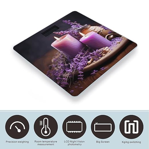 Purple Lavender with Candles Bathroom Scale for Body Weight Bathroom Weighing Scale with Backlit LCD Display Highly Accurate Measures Weight Up to 180kg