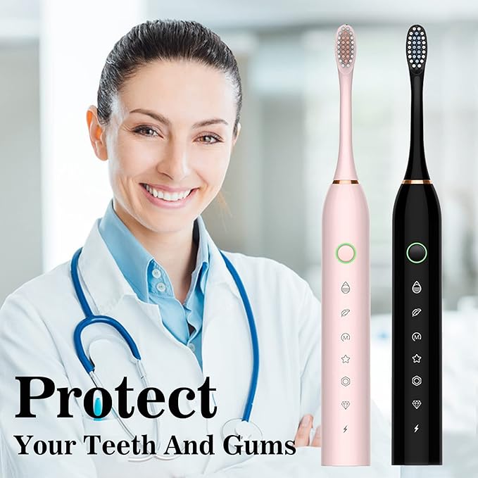 Electric Toothbrush for Adults Rechargeable Electric Toothbrush with 8 Brush Heads 42000vpm 6 Modes IPX7 Waterproof 2 Pack Soft Electric Toothbrush Black Pink
