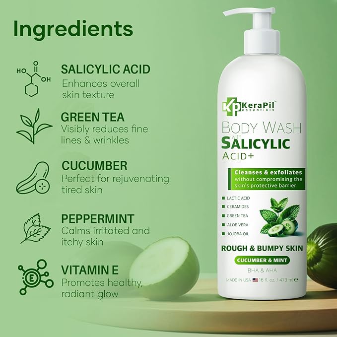 Exfoliating Body Wash with Salicylic Acid - No Dry Out Gentle Exfoliates Rough and Bumpy Skin Body Acne Wash BHA &amp AHA - Cucumber and Mint Salicylic Acid Body Wash - (16 fl oz x 2)