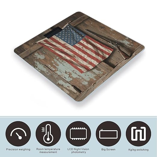 Rustic American Flag Bathroom Scale for Body Weight Bathroom Digital Electronic Weighing Scale with Back Lit LED Display Sturdy Tempered Glass Weight Watchers Scales 400lb