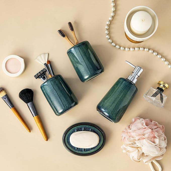 vancasso Green Bathroom Accessories Set Ceramic Soap Dispenser and Toothbrush Holder Sets Stoneware 4 Pcs Bathroom Sink Set for Modern Home Decor Series Starry