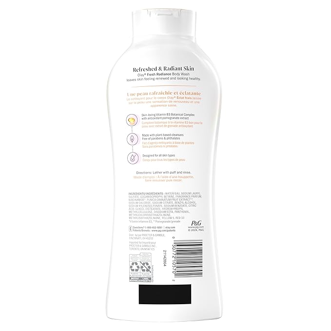 Olay Body Wash for Women Fresh Radiance Refreshing &amp Renewing Made with Plant Based Cleansers B3 Botanical Complex For All Skin Types Vanilla Blossom &amp Apricot Scent 22 fl oz (Pack of 4